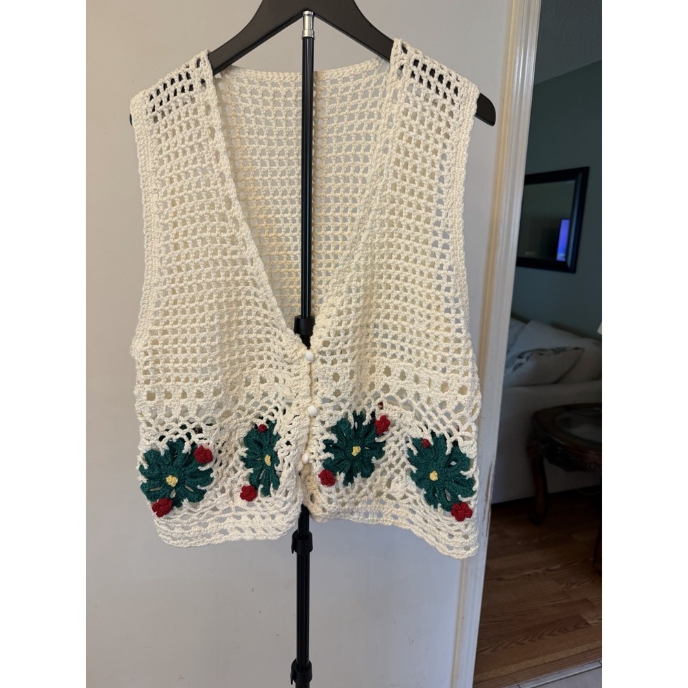 Christmas Hand Crochet Sweater Vest See Measurements In Pics.